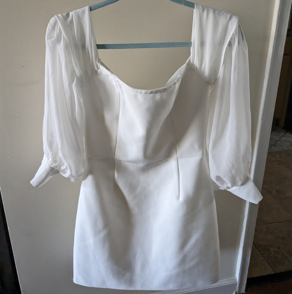 White Short Dress With Sheer, Billowing Sleeves